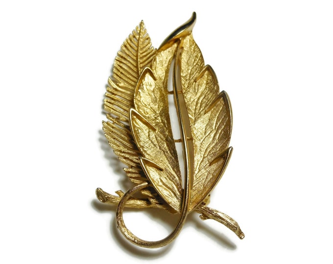 FREE SHIPPING Lisner leaf brooch pin, large gold tone leaf and ferns, statement piece, beautifully textured