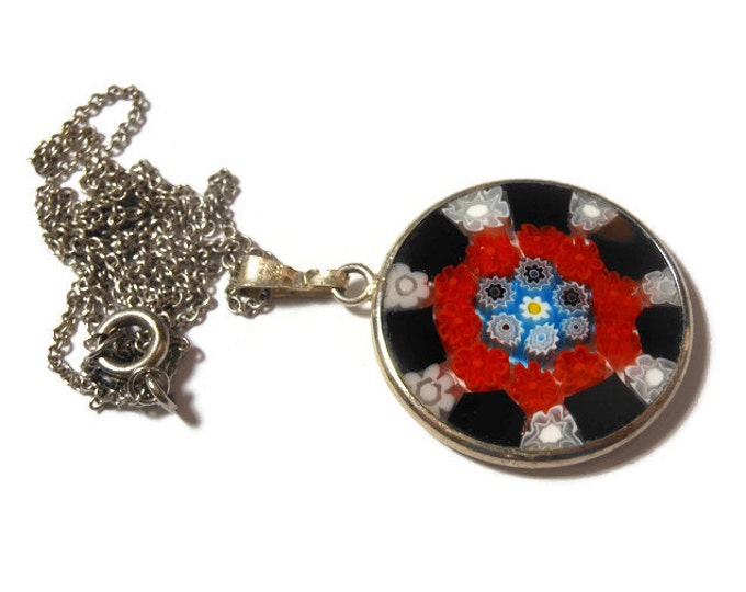 FREE SHIPPING Millefiori glass pendant, 25mm round red, black, blue, yellow white disc on sterling silver chain marked 925 Italy on bail