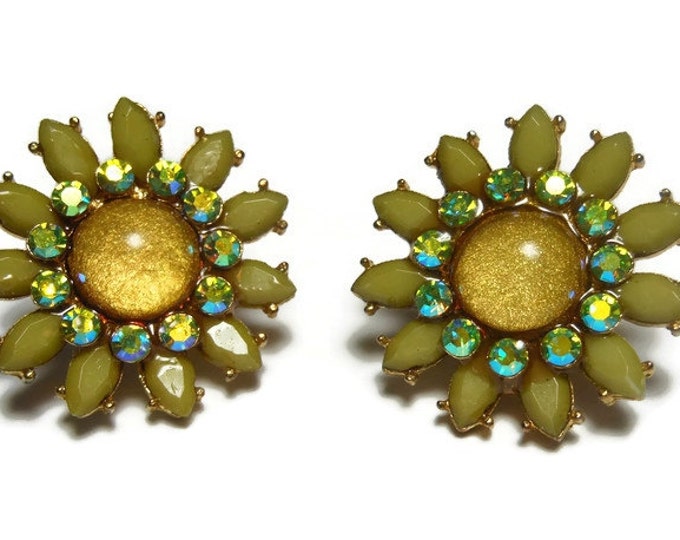 FREE SHIPPING Green moonglow clip earrings, olive moonglow flower petals, aurora borealis (AB) rhinestones, golden glitter cabochon, floral