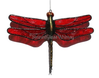 Red Stained Glass DRAGONFLY Suncatcher, Celtic Knot Pressed Glass, Textured Ruby Red Wings, Handcast Metal Body, USA Handmade, Red Dragonfly