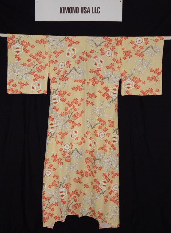 KimonoUSA - Women's yellow silk kimono with red maple and grey plum ...