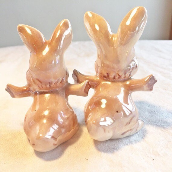 Kissing Rabbits Luster Glaze Ceramic Figurines Vintage