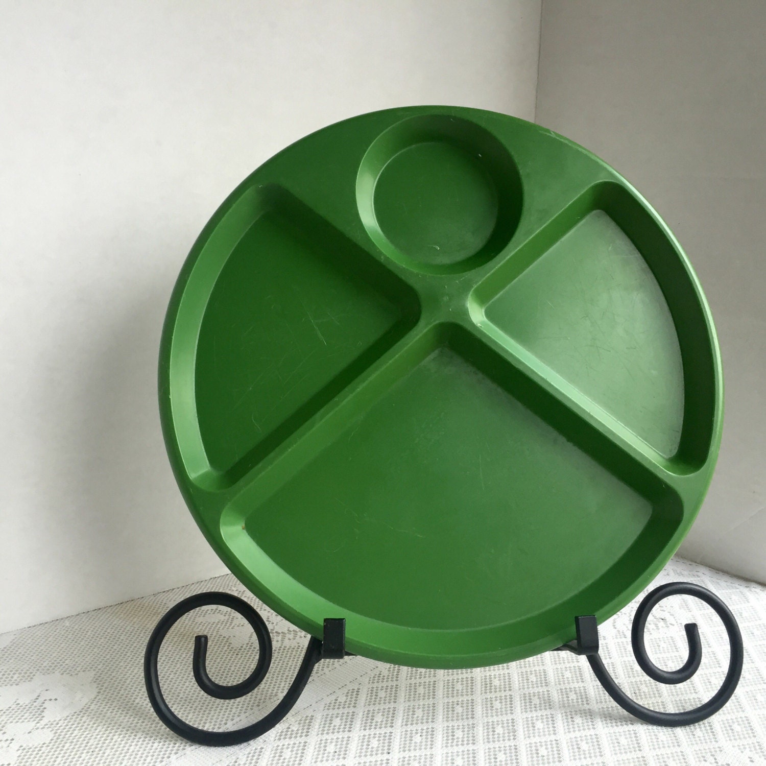 Vintage Green Plastic Snack Plate Sectioned Serving Chip snd