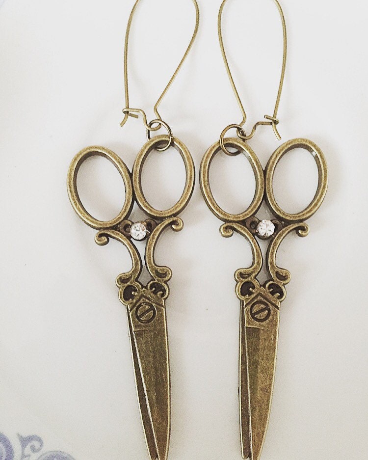 Scissor Earrings shiny silver or antique bronze Crystal