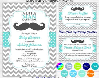 Little Man Baby Shower Invitation - Boy Baby Aqua Blue Mustache Sprinkle Free Diaper Raffle Ticket Book Request Card Personalized Printable