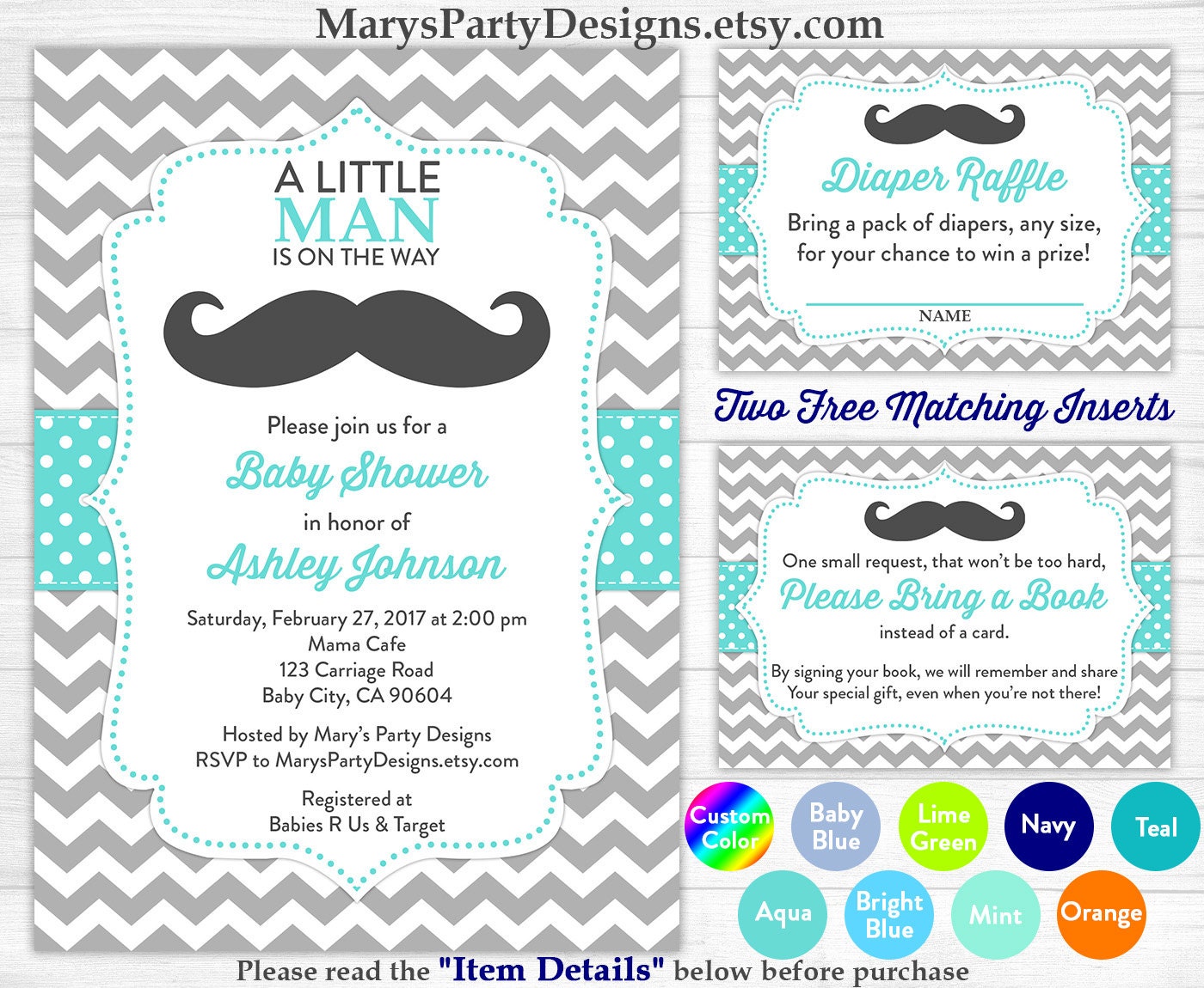 Little Man Baby Shower Invitation Boy Baby Aqua Blue