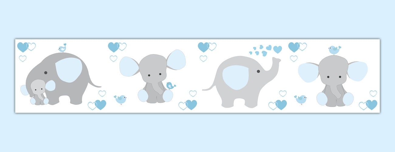 BLUE GREY ELEPHANT Nursery Baby Boy Wallpaper Border Wall Art