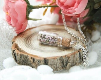 Botanical vial necklace preserved specimen corked top romantic heather, Perfume bottle, Glass Bottle, Gift For Her, Anniversary Pendant