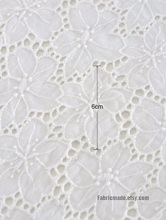 White Cotton Fabric With Embroidered Flower Hollowed