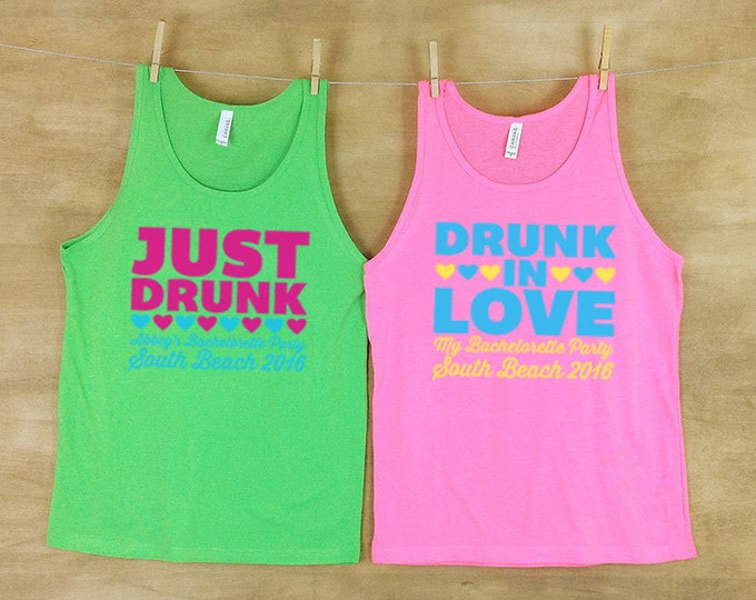 Drunk In Love and Just Drunk Personalized Bachelorette Beach Tanks - Sets