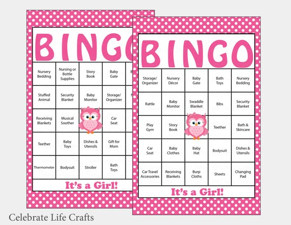 60 Owl Baby Shower Bingo Cards - 60 Prefilled Bingo Cards - Girl Baby Shower Game - Pink Polka Dots - Printable Download - B2003 Il_570xn
