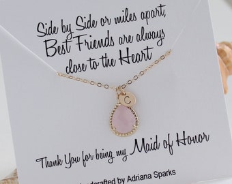 Personalized Maid of Honor Gift, Gold & pink Initial necklace, Blush Bridal Jewelry, Maid of Honor card, Bridal party Gift, Pink Wedding