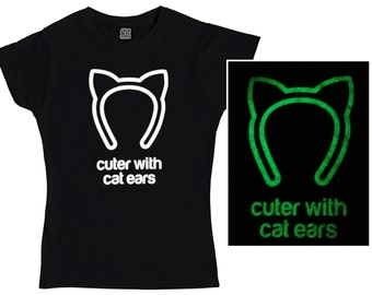 Cuter with Cat Ears T-Shirt - Glow in the Dark - Ladies & Mens T-Shirts - Cute T-Shirts - Clothing - Black T-Shirt - Cat Gifts