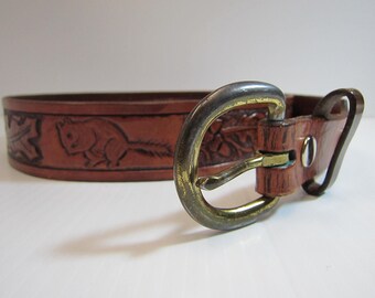 Tooled Leather Squirrel & Acorn Belt - Men's Leather Tooled Belt - Men's Leather Belt