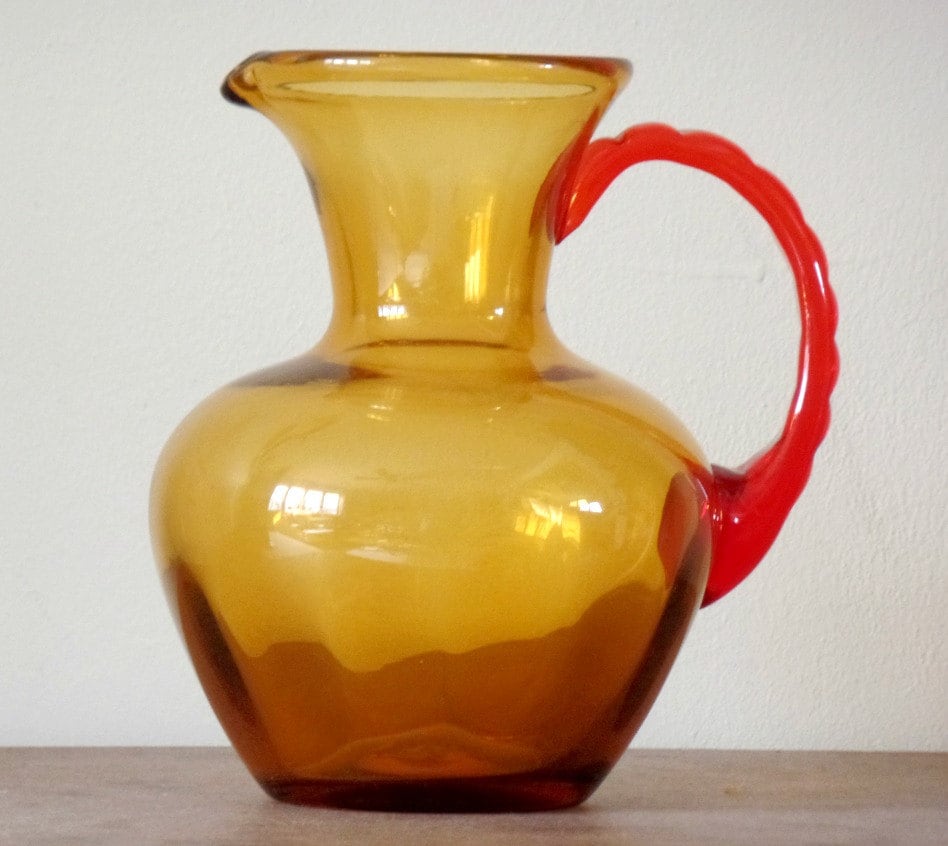 Vintage Art Glass Pitcher Red Amber Orange Vase Home