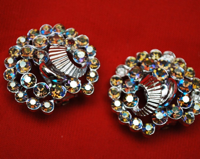 Claudette Rhinestone Earrings Mid Century Aurora Borealis Rhinestone Clip On Earrings