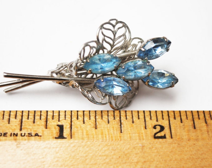 Blue Rhinestone Flower Brooch - silver Filigree - bouquet - floral spray pin