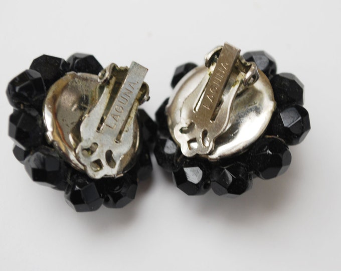 Laguna Earrings Black Glass Bead Cluster Clip on Earrings