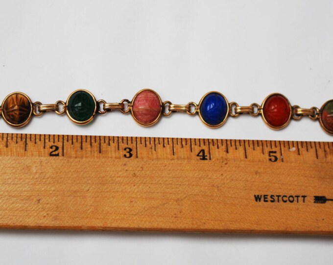 Egyptian Revival Scarab Link Bracelet Gemstones - Signed Uncas - 1/20 12 kt Gold filled