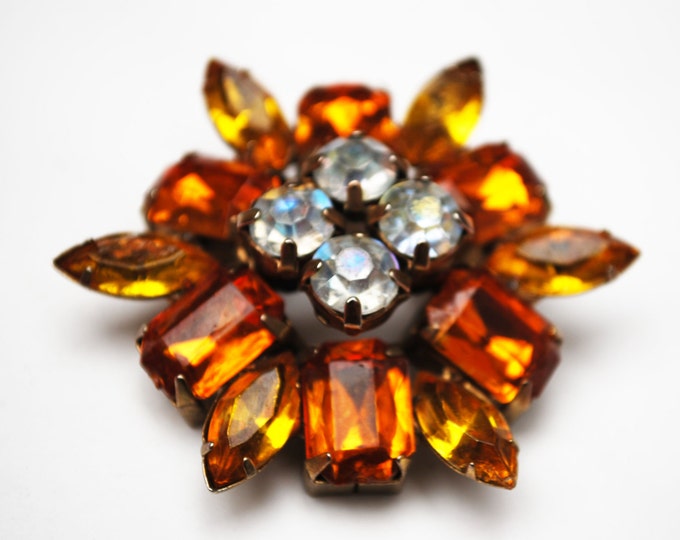 Rhinestone Flower Brooch - orange and yellow Lucite - Floral pin