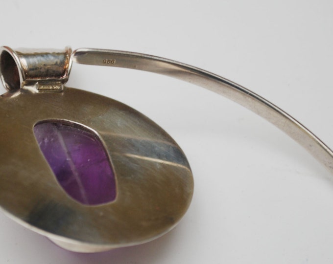Bold Modernistic Amethyst Sterling necklace - sterling Silver collar Large Polished purple gemstone =Statement necklace