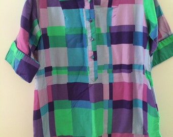 Catherine Ogust Penthouse Gallery Burma Shirt Forever Dress Blue Geometric 100% Cotton Vintage Top