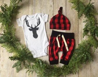 Newborn Boy Take Home Outfit / Newborn Boy Coming Home Outfit / Newborn Deer Plaid Outfit // Deer Head Clothing Set //