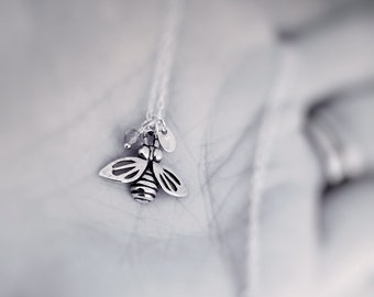 Bee Necklace, Personalized Initial Necklace, Sterling Silver Bee Jewelry, Citrine Jewelry, Custom Initial Citrine Necklace, Bee, Gift