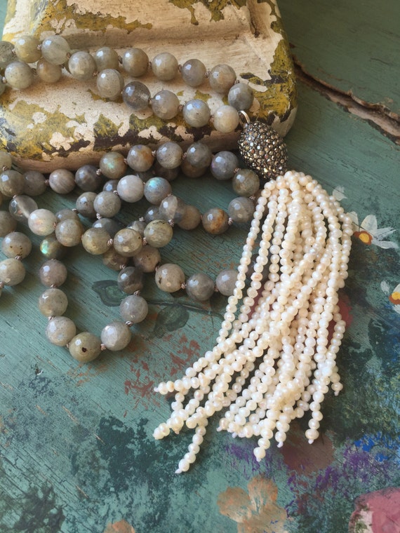 Simple classic BoHo glam pearl tassel luxe grey gemstone hand