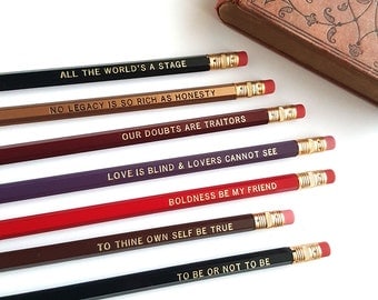 Shakespeare Pencil Set — 7 Engraved Pencils, Be True, To be or not to be, All the World's a Stage, William Shakespeare