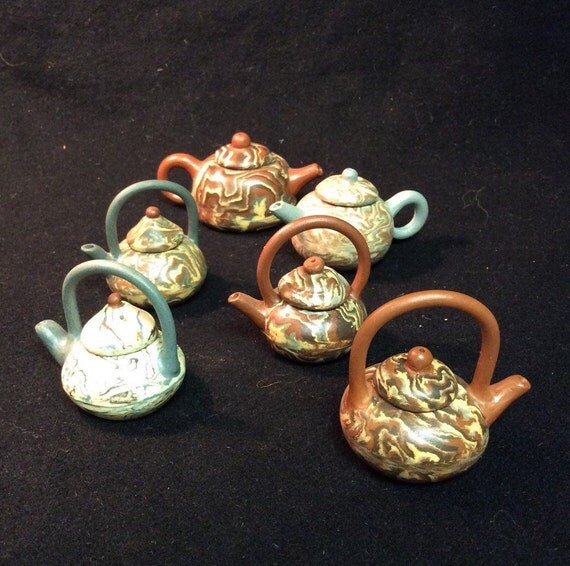 6 Miniature Asian Marbled Teapots by TimesTinCup on Etsy