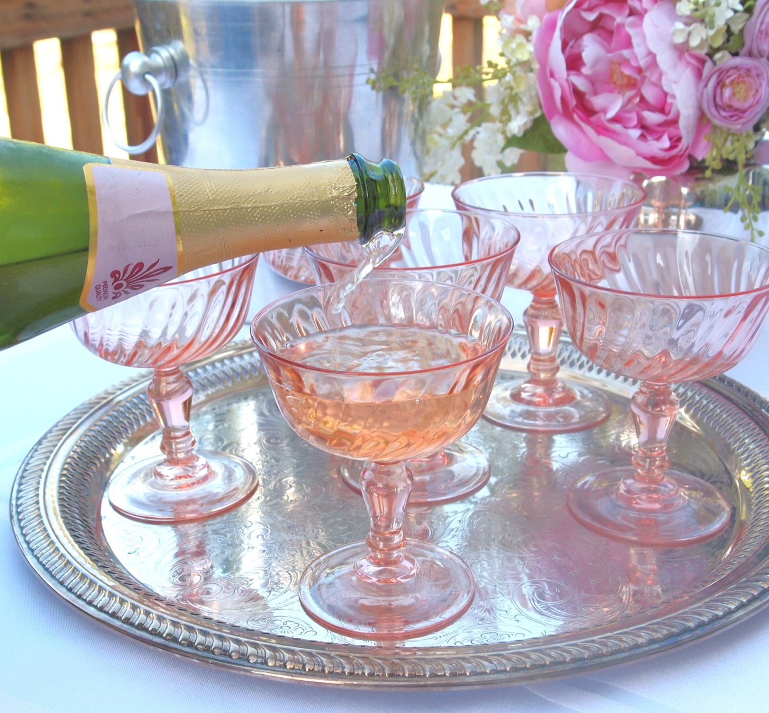 Vintage Pink Champagne Coupe Glasses Saucers from France Set