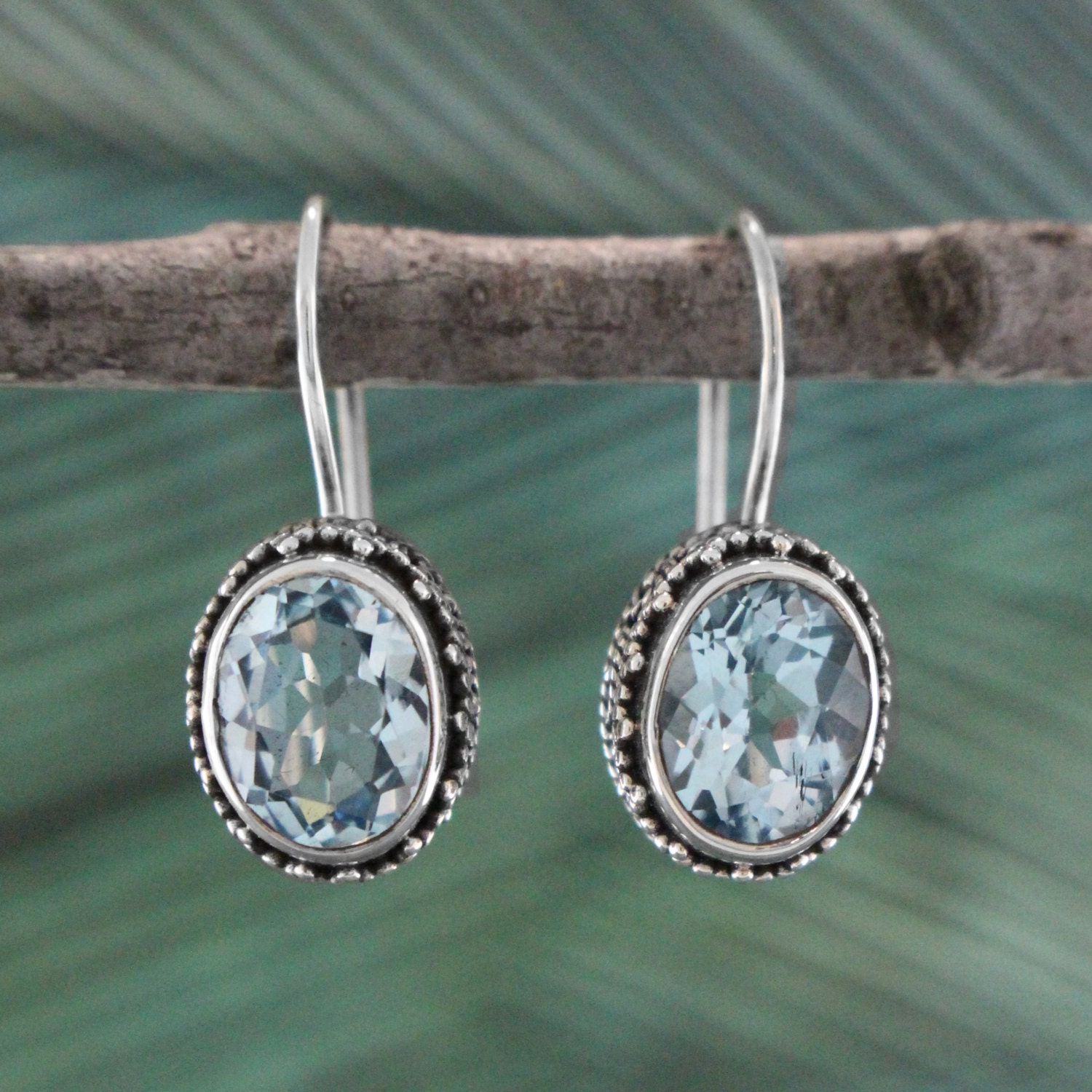 Bali Silver Earrings Sterling Silver Oval Blue Topaz Drop