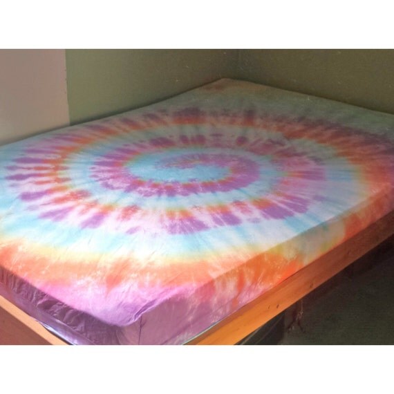 Rainbow Tie Dye Double Fitted Sheet Bedding Hippie Boho Home
