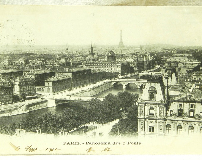 Antique French Postcard, Panoramic view of Paris and the Eiffel Tower Posted in 1902 / French Decor / Vintage Retro Home Interior / Parisian