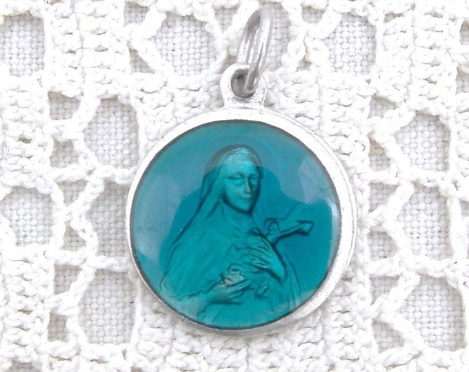 Vintage French Medal Religious Medal Saint Teresa with Turquoise Blue Enamel / St Therese Religion / Christian Catholic Charm Medal Lisieux