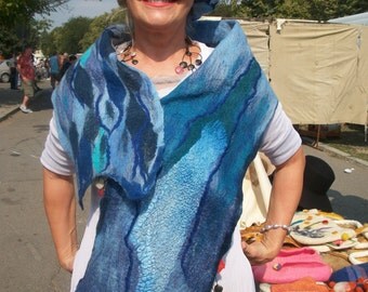 Felted scarf in blue - Nuno scarf Felted wool scarf Felted shawl - Blanket scarf Nuno felted scarf Merino wool scarf Felt cape Woolen scarf