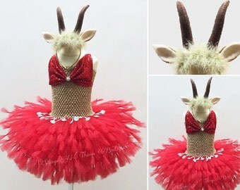 GAZELLE HALLOWEEN COSTUME Tutu Dress Set w/ Gazelle Antler Headband, Girl, Kids, Outfit, Skirt, Kids, Movie Star, Dance, Red, Ears, Zoo