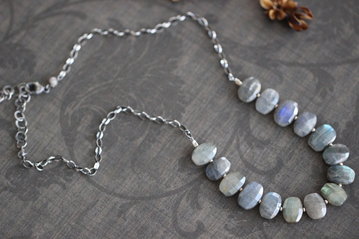 Labradorite Necklace Sterling Silver Rectangle Faceted