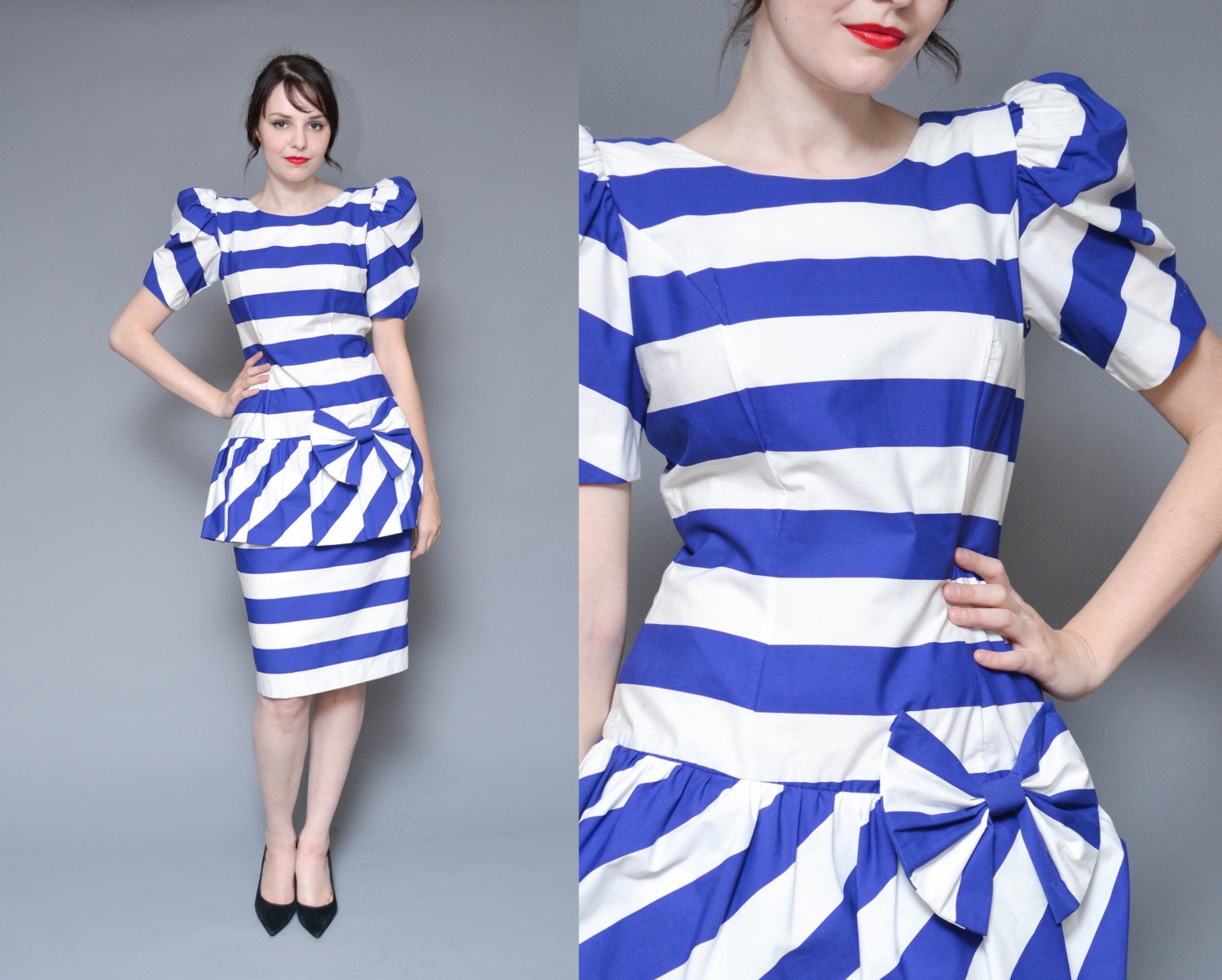 80s NAUTICAL striped puff sleeve party dress // navy white