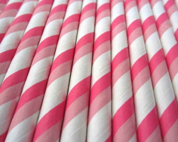 25 Light Pink, Pink and White Diagonal Stripe Paper Drinking Straws - Party Decor Supplies Tableware Il_570xn
