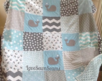 Whale Baby Quilt Super Soft & Cozy/Gray and Aqua Nautical Quilt