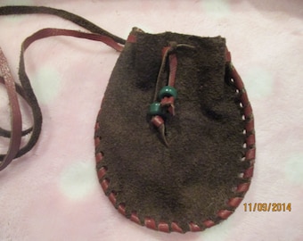Dark Brown Suede Leather Neck Pouch Medicine Bag Hand Laced Glass Beads