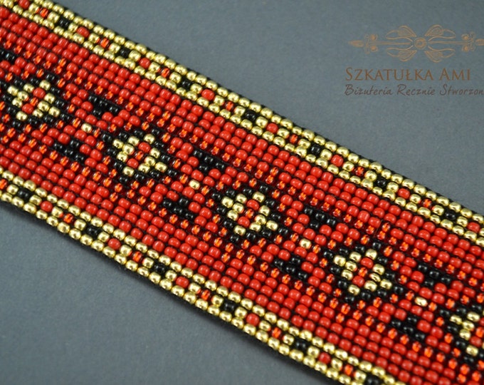 Red gold bracelet woven bracelet loom bracelet aztec pattern cuff bracelet friendship gift seed beads bracelet womens girls gift springs