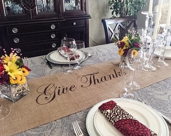 Burlap Table Runner 12", 14" or 15" wide with Give Thanks in the center - Thanksgiving runner Holiday decorating Holiday runner
