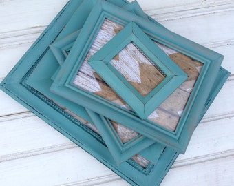 Frame Set BLUE Chalk Paint, FIVE frames with glass & backing Shabby Chic Gallery Wall Upcyced Painted Home Decor (C009.3)