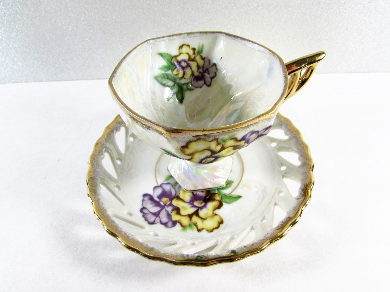 Yellow Purple Flower Tea Cup and Saucer Thrifco Japan