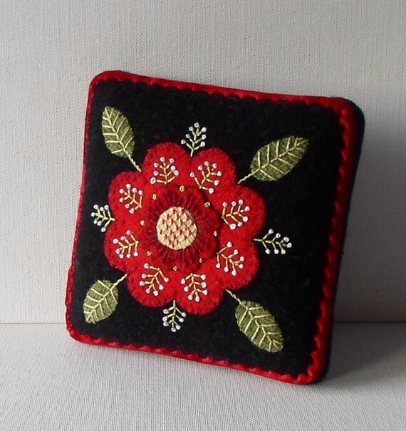 Handmade Needle Cushion Felted Wool Red Blossom Pin Cushion