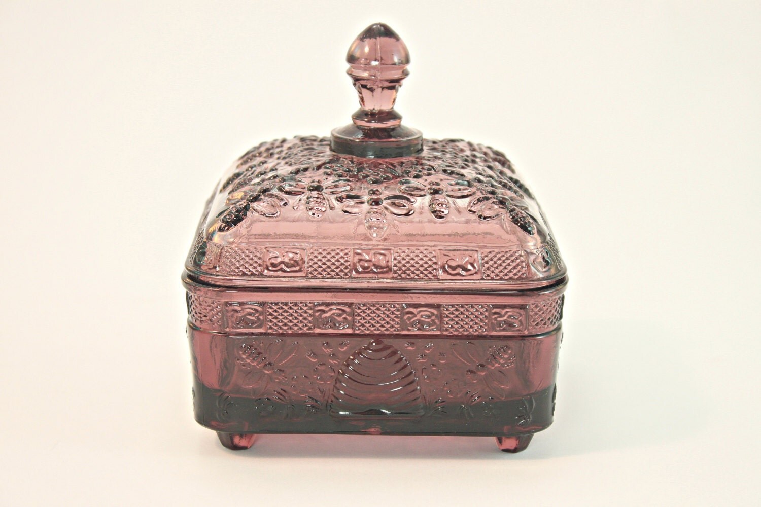 Honey Bee Candy Dish Tiara Amethyst Honey Bee Lidded Dish