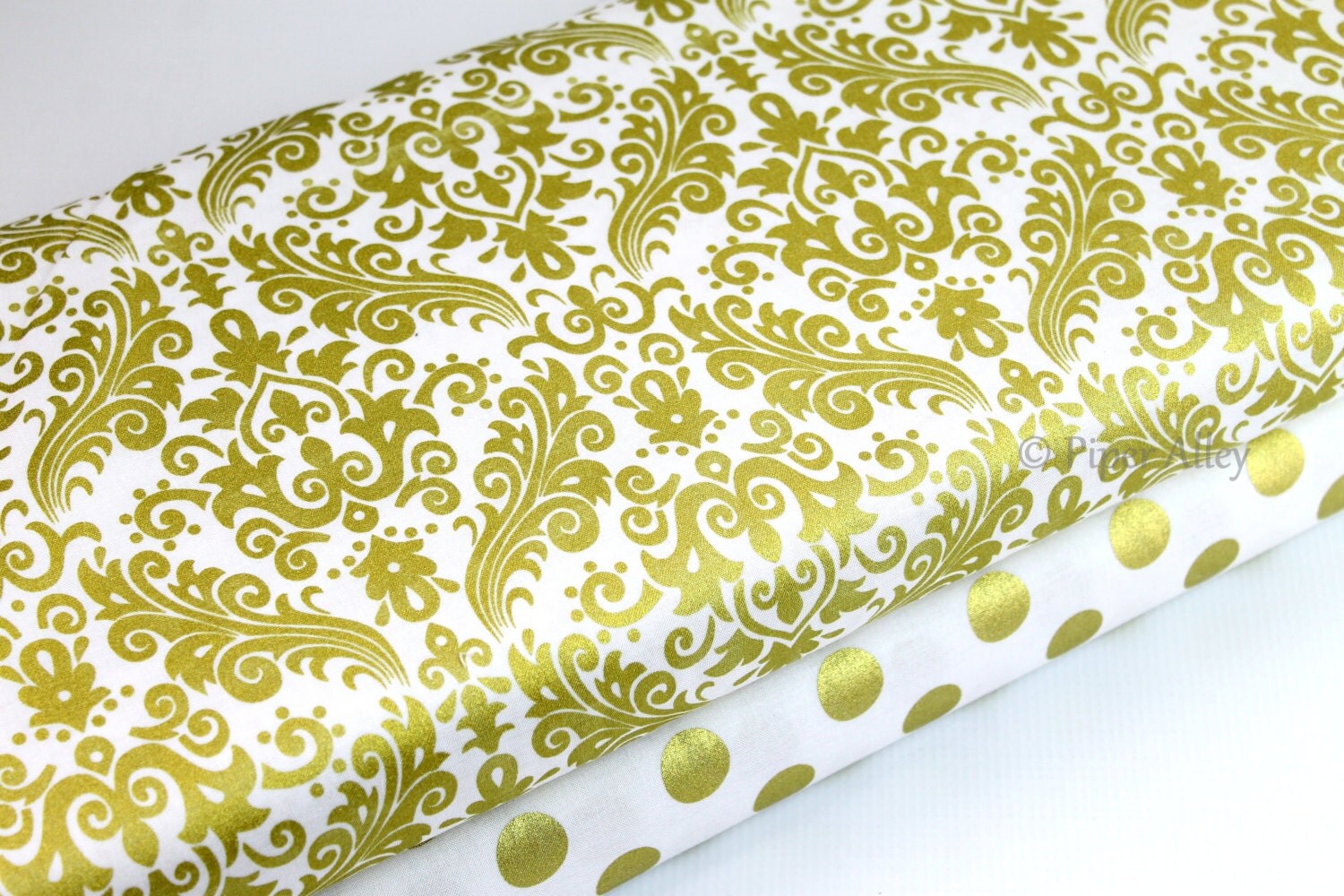 Cotton Fabric Gold Metallic Damask On White From Riley Blake